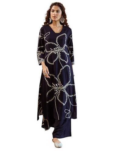 Image of INDO ERA Women Viscose Rayon Floral Embroidered Straight Kurta & Pant Set (IEOUT6941)