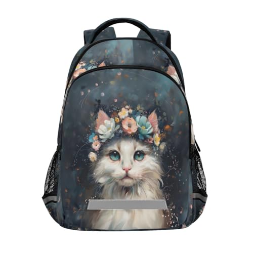 Sac à dos motif chats et fleurs d'huile avec grands compartiments pour livres d'école