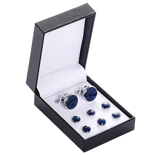 Image of mifengda Blue Silver Tuxedo Studs and Cufflinks Set, Mens Cufflinks and Cuff Studs Set Cuff Links Stainless Steel Tux Buttons with Box for Tuxedo Shirts Wedding Business Gift(Blue), Medium
