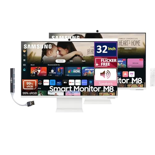 Image of Samsung 32-Inch M8 (M80D) 4K UHD Smart Monitor with Streaming TV, Speakers, HDR10+, AI Upscaling, Ergonomic Stand, Slimfit Camera, Gaming Hub, USB-C & DKZ USB Port Expander,(LS32DM801UNXZA) 2 Pack