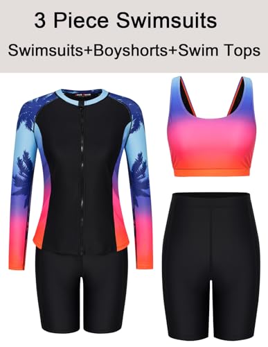 Image of JACK SMITH Women's 3 Piece Long Sleeve Rash Guard Swimsuits Zip Front Bathing Suit Tankini Swimsuits UPF 50
