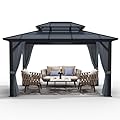 GAOMON 10x13ft Hardtop Gazebo, Outdoor Polycarbonate Double Roof Canopy, Aluminum Frame Permanent Garden Tent with Curtains and Netting for Patio, Lawns (Gray)