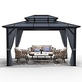 GAOMON 10x13ft Hardtop Gazebo, Outdoor Polycarbonate Double Roof Canopy, Aluminum Frame Permanent Garden Tent with Curtains and Netting for Patio, Lawns (Gray)