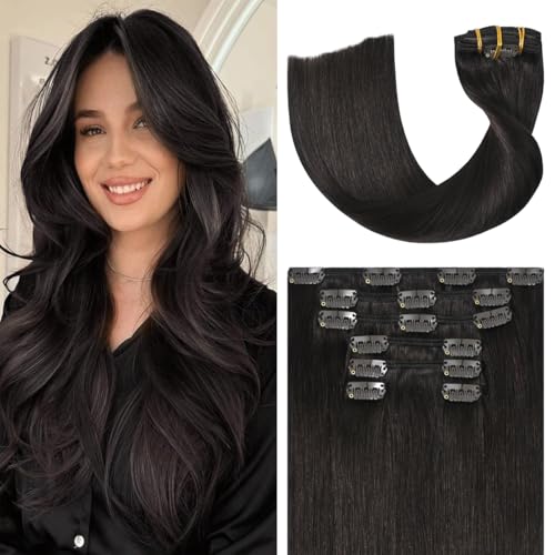 Dark Brown Clip in Hair Extensions Real Human Hair 70g 15 inches 100% Remy Human Hair Clip in Extensions Straight Double Weft for Full Head 7pcs 16clips One Pack #2 Brown Hair Extensions