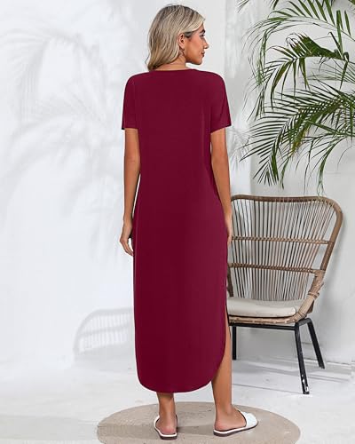 Image of Riyiper 2 Pieces Women's Short Sleeve Maxi Dress Round Neck Casual Loose Split Long Summer Beach Shirt Dress with Pockets