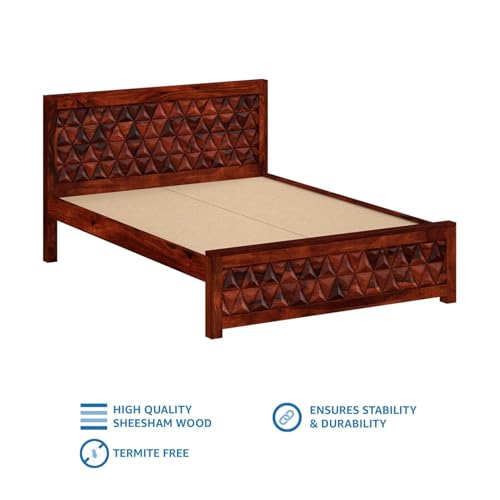 Image of SANKAT MOCHAN Industries Solid Sheesham Wood Honey Brown Tringal Desine Wooden Queen Size Bed Without Storage Double Bed Furniture for Bedroom Living Room (Honey Brown Finish) (DESINE 18)