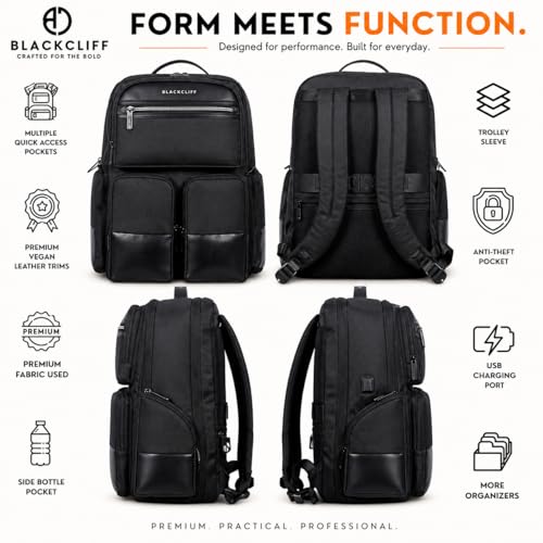 Image of BLACKCLIFF Apex Pro Premium Lightweight Laptop Backpack for Men & Women | Water-Resistant Stylish Bag with Vegan Leather, USB Charging Port, 16-Inch Laptop Sleeve | Office, College, Travel & Daily Use
