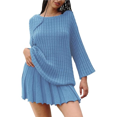 Image of Sweater Set Two Piece Skirt Sets for Women Long Sleeve Two Piece Outfits Loose Knit Pullover Mini Skirt