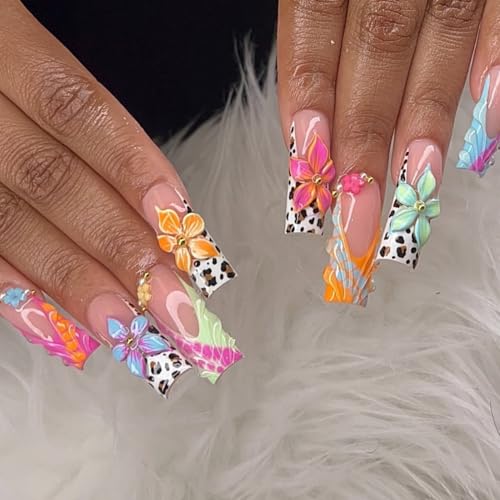 Long Square Press on Nails Fake Nails Artificial Nail Stick on Nail for Women, Neon Acrylic Flower Leopard Print 3D Chain Charm Design