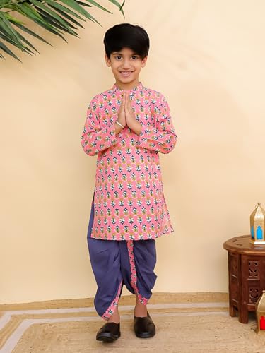 Image of The Mom Store Baby /Kids Boys Dhoti Kurta Set | Dhoti and Kurta | 100% Cotton | Comfortable | Ethnic | Festive Look | Block Prints | Colored Dhoti | Blue