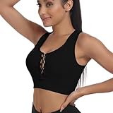 Vertvie Damen Sport BH Push Up Gepolstert Gym BH Top Longline Bustier Über Kreuz Vorne Fitness BH Sexy Gerippt Yoga Bra Tiefer Ausschnitt(1pc: Schwarz,S)