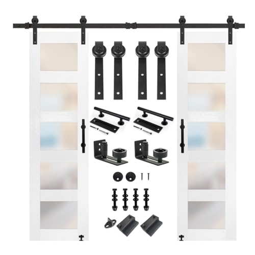 S&Z TOPHAND 21 in x 84 in Double Glass Sliding MDF Barn Door with 8FT Sliding Door Hardware Kit, 5 Tempered Frosted Glass, Slab Inside Covered with Water-Proof PVC Surface, Simple DIY Assembly