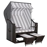 MR. DEKO® Strandkorb Devries Profi Ostsee Fehmarn | Mahagoni grau Vollholz PE grau mit ERA Gewebe | Strandkörbe mit 2 Fußablagen | Profikorb für Gewerbe-, Gastrobetriebe und Garten (Dessin 989)