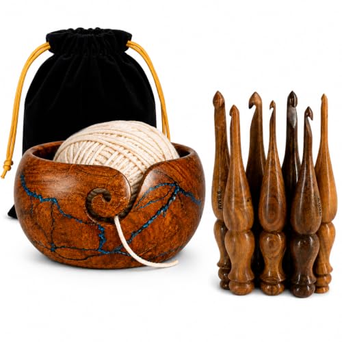 Wooden Ergonomic Crochet Hooks Set of 7 (4mm to 10mm) with Handmade Yarn Bowl, Knitting & Crocheting Organizer with Spiral Yarn Guide, Handmade Gift Set for Crafters