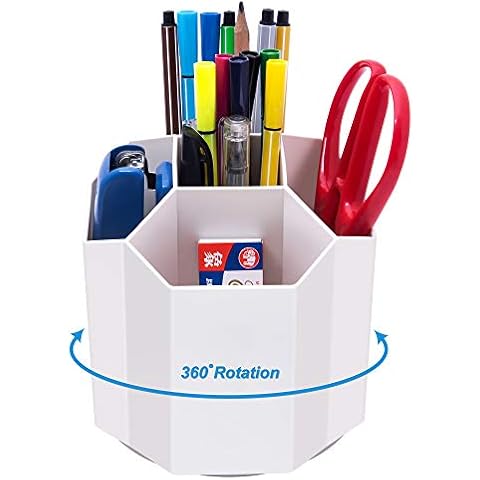 Siveit Desk Pencil Pen Holder, Rotating Pen Organizers 360-Degree 5 Grid Pen Holder for Desktop Storage Stationery Supplies Organizer, Home, Office, School, Kids, White Cover