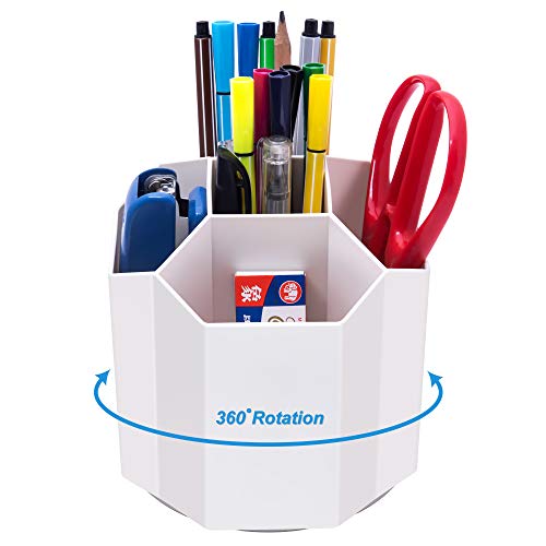 Siveit Desk Pencil Pen Holder, Rotating Pen Organizers 360-Degree 5 Grid Pen Holder for Desktop Storage Stationery Supplies Organizer, Home, Office, School, Kids, White