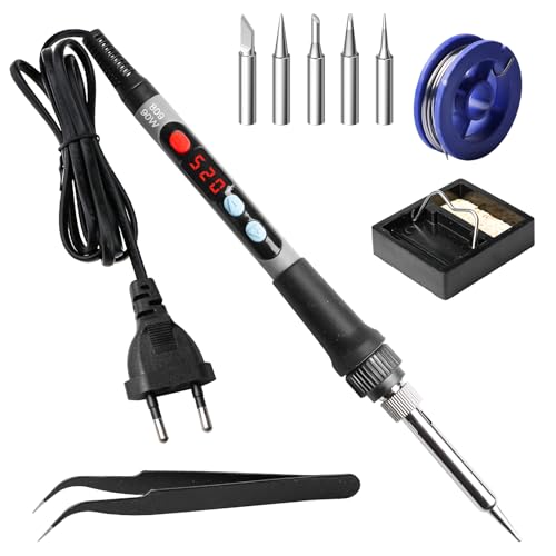 Kit de fer à souder, 90 W, station de soudage avec température réglable de 180 à 520 °C, kit de fer à souder, réglable et interrupteur marche/arrêt, 5 pannes, support de fer à souder, étain à souder