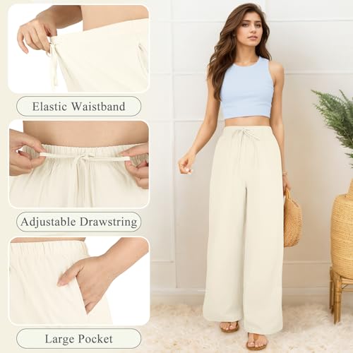 Womens Linen Pants Summer Wide Leg with Pockets Cotton Linen Palazzo Pants High Waist Drawstring Casual Lounge Pant4