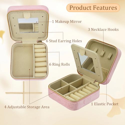 SRYTCYDA Travel Jewelry Case for Women, 3.93" × 3.93" Portable Small Velvet Jewelry Organizer Travel with Mirror, Mini Jewelry Box for Earrings, Rings, Necklaces (Pink) — view 3