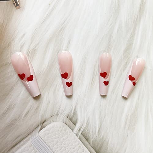 24Pcs French Tip Press On Nails Long Coffin Fake Nails White False Nails With Red Heart Design Full Cover Artificial Nails Glossy Heart Acrylic Nails For Women And Girls Valentine Nail Decoration #TOP4