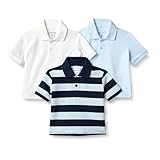 Amazon Essentials Baby Boys' Cotton Spandex Polo Shirt, Pack of 3, Light Blue/White/Rugby Stripe, 18 Months