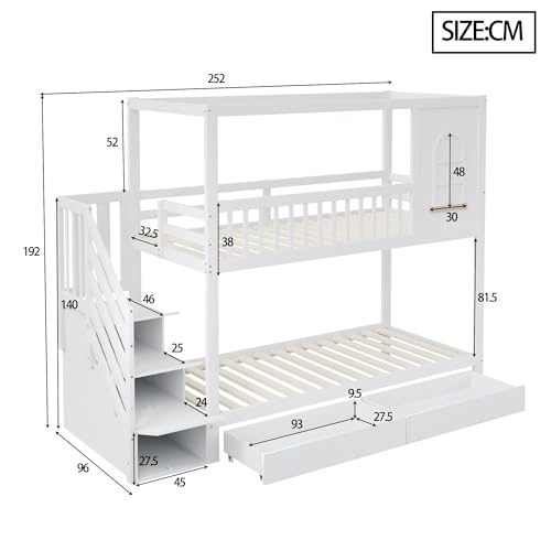 Litera para niños de 90 x 200 cm, cama doble de madera maciza con ventanas, con cajones de almacenamiento y escalera de seguridad, color blanco - imagen 2