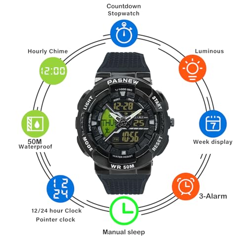 Image of PASNEW Boys' Watches - Dual Display, Large Dial Sport Watch, Black Outdoor Watch for Boys & Teens - Waterproof