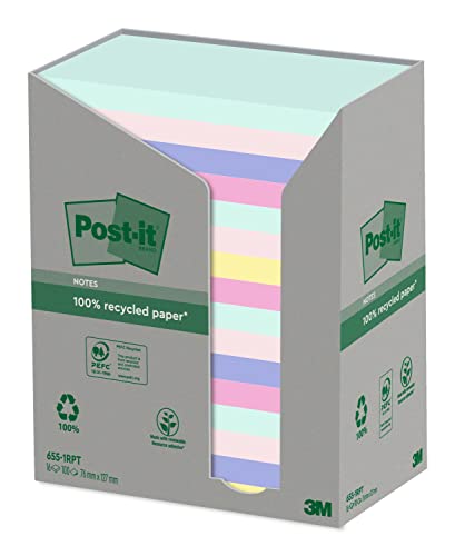 Post-It Foglietti In Carta Riciclata Al 100% In Colori Assortiti, Confezione Da 16 Blocchetti, 100 Fogli Per Blocco,76 Mm X 127 Mm, Colori Verde, Rosa