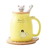 Katzen-Tasse Süße Keramik Kaffeetasse mit Deckel,Edelstahl Löffel, Neuheit Morgen Cup Tee Milch Weihnachten Becher Geschenk 380ML (Gelb)