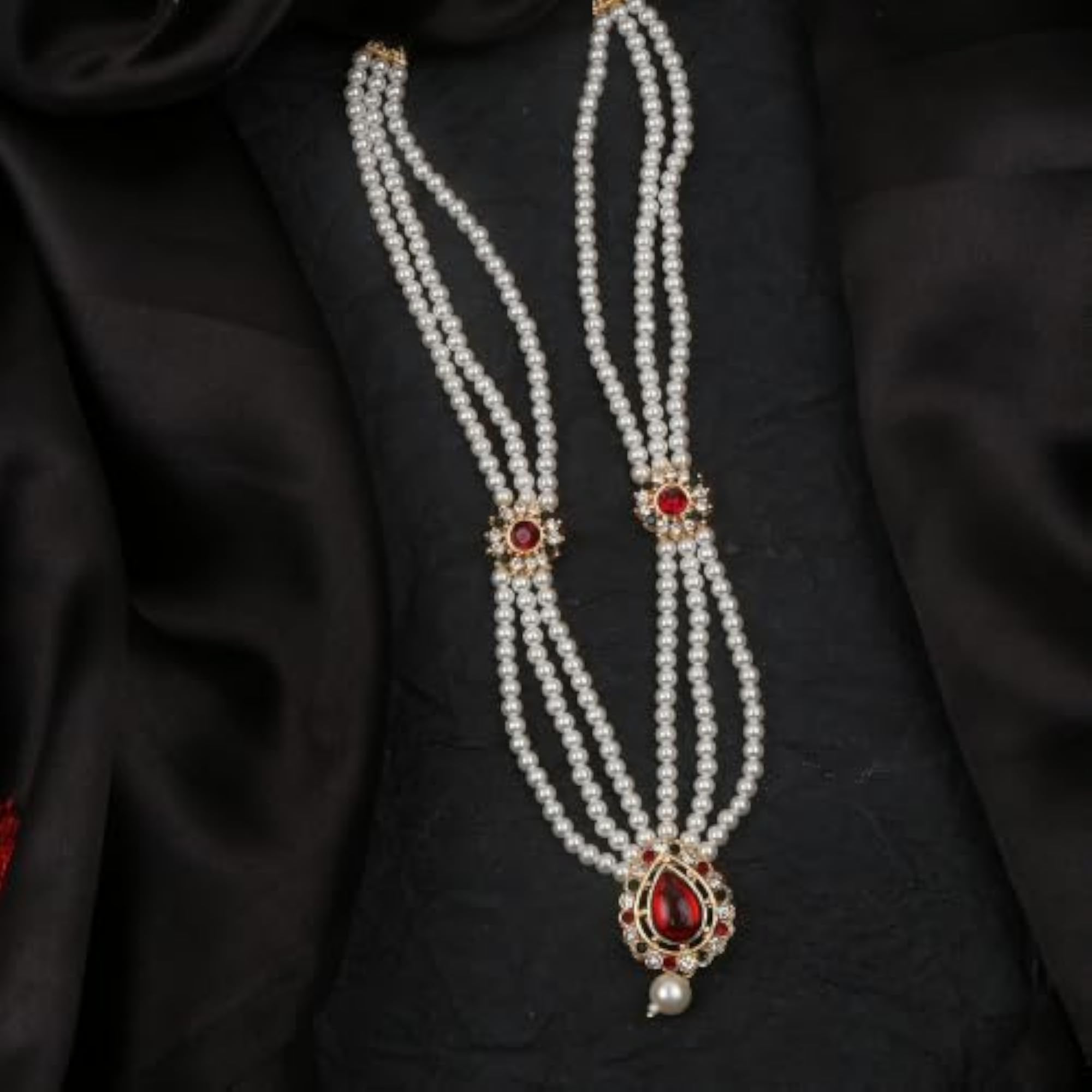 Three Layer Mala Necklace with Red & Green Stone Drop Pendant