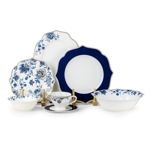 Shallow By Cuisine Art ROSY 32 Pc New Bone China Dinner Set for 6 people - White with Blue Floral Pattern Elegant Tableware for Daily Use Brunch Coffee Station Ramadan Eid & Gifting