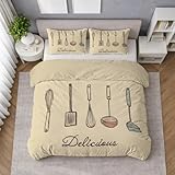 Generisch 220 X 240 cm Bettbezug im Muster Stil, Erdtöne Bettwäsche mit Utensilien Linien Motiv, Bettwäsche-Set aus weicher Mikrofaser, knitterarm und angenehm im Alltag für modernes Schlafzimmer