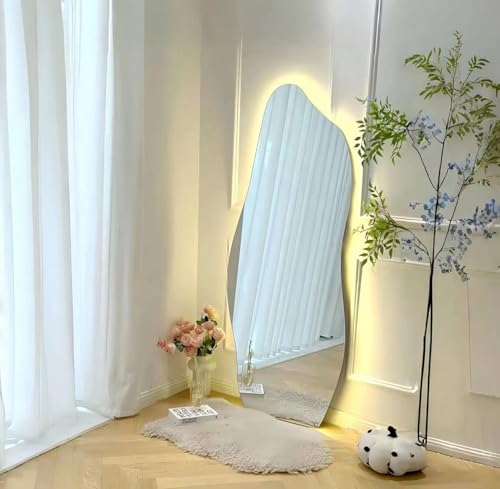 مراة كاملة الطول مع اضواء LED 158 × 48 سم، 3 الوان اضاءة LED قائمة معلقة او مائلة على الحائط، مراة كبيرة تثبت على الحائط، مراة لكامل الجسم مع حامل لغرفة المعيشة وغرفة النوم