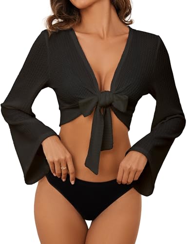 YYA Women's Lightweight Ribbed Cardigan Tie-Front Beach Cover Up with Long Sleeves for Summer Outfits S-XL