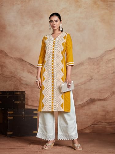 Image of EthnicJunction Women's Cotton Rayon Regular Fit Chikankari Embroidery Stright Kurta