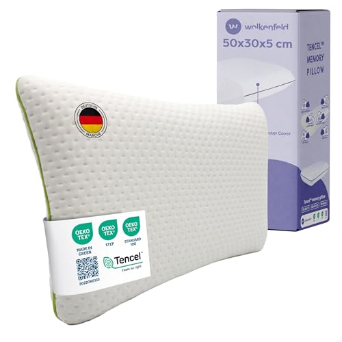 Wolkenfeld Kinderkissen 50x30x5 für Kinder ab 2 Jahren – Weiches und Atmungsaktives Kinderkopfkissen für einen sicheren Schlaf – Natürliches Memory Foam Oeko-TEX – Hypoallergene Tencel-Faserbezug