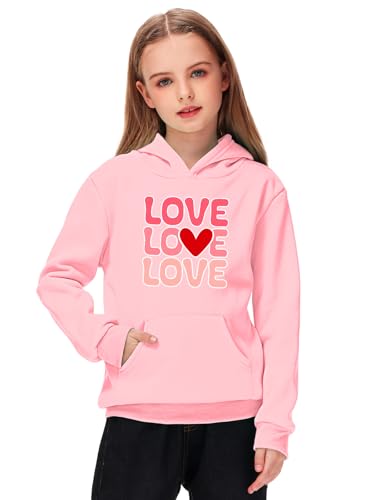 Pink Loving Heart Sweatshirt for Kids Valentine‘s Love Printed Hooded Top Long Sleeve Romantic Shirts 5-6 Years4