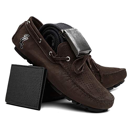 Kit Mocassim De Couro Cinto Carteira Cor:Marrom;Tamanho:41