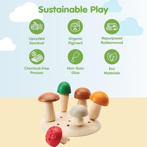 Image of PlanToys Wooden Play & Pick Mushrooms Toy Kids Garden Learning Playset | wooden mushroom play pick set, montessori imaginative sensory, fine motor coordination, color sorting, garden pretend, kids