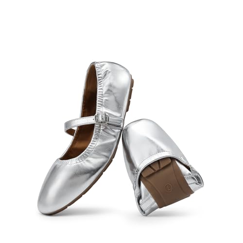 DREAM PAIRS Women's Ballet Flats Foldable Square Toe Mary Jane Flats Comfortable Slip On Dress Shoes Business Casual Work Mary Jane Shoes 6.5 Silver