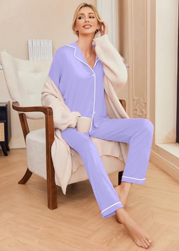 Image of Ekouaer Pajamas Women's Long Sleeve Sleepwear Soft Button Down Loungewear Pjs Lounge Set Nightwear XS-XXL