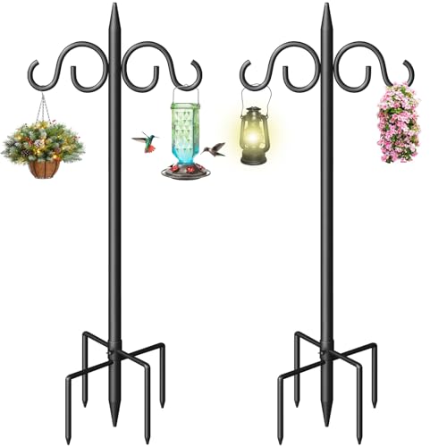 Image of Double Shepherds Hooks for Outdoor, 92 Inch Heavy Duty Bird Feeder Pole with 5 Prongs Base, Adjustable Shepherds Hook for Bird Feeder, Garden, Weddings, Hanging Plant, 2 Pack