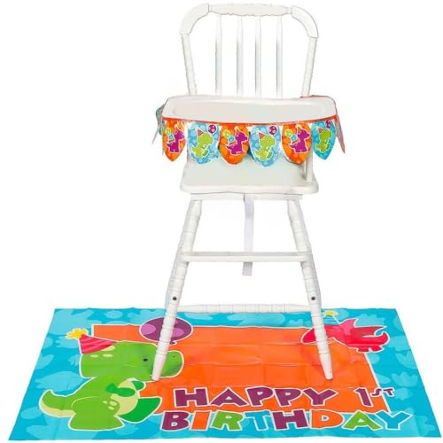 Fun Express Little Dino Happy 1st Birthday High Chair Decorating Kit – Baby Birthday Party Supplies with Banner & Floor Mat – Cute Dino-Themed Decorations for First Birthday Party – 2 Pieces