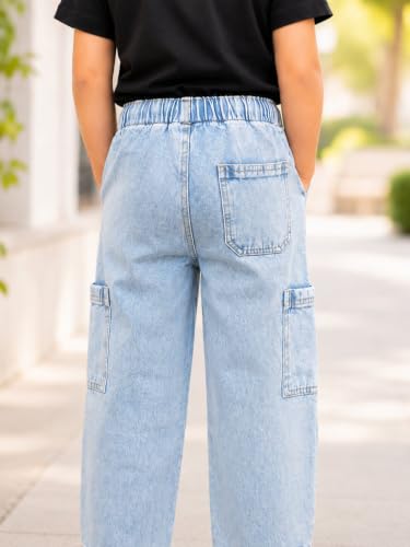 Image of DENRO Kids Boys 100% Cotton Denim Cargo Jeans | Straight Fit Mid-Rise Casual Pants | Elastic Waist Pull-On Jeans with Drawstring & 5 Pockets | Blue