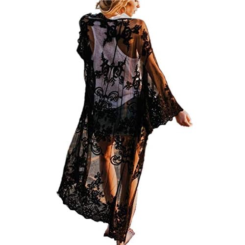 L-Peach Damen Spitze Blumen Langes Kleid Strandkleid Pareo Kimono Cover ups One Size