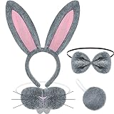 Norme Bunny Cosplay Accessories Set Including Bunny Nose Tail Tie and Ears for Boys Girls Easter Party Costume(Gray, Pink)
