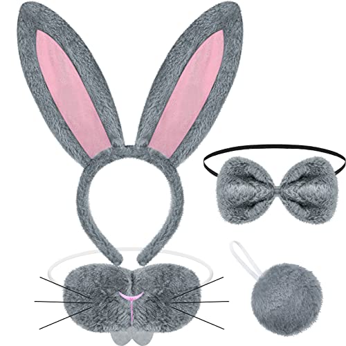 Norme Easter Bunny Costume Accessories Set Including Bunny Nose Tail Tie and Ears for Kids Rabbit Costume Birthday Party(Gray, Pink)