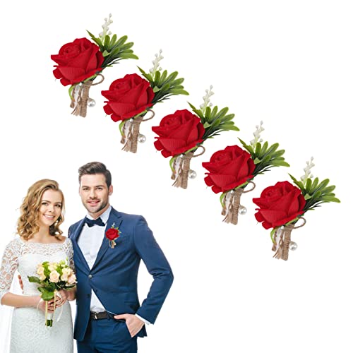 Pssopp 5PCS Rose Wedding Boutonniere White Boutonniere Handmade Corsage Buttonhole Flowers,Artificial Wedding Flower Accessories for Men Groom Bride Suit Dress Banquet Party Decor (Red) - Image 3