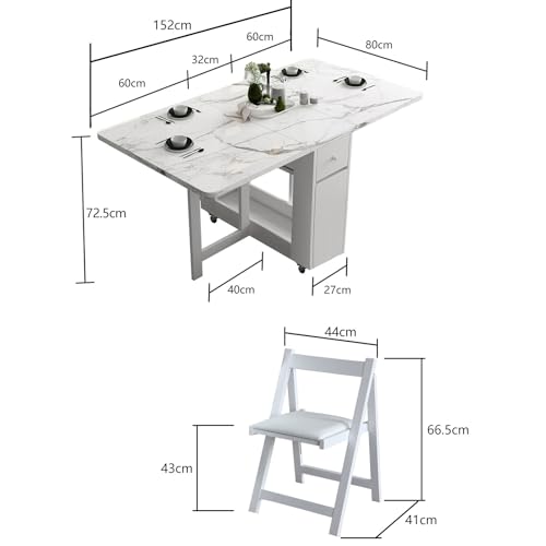FUNROLUX 折りたたみダイニングテーブル 4人 伸長式 バタフライテーブル 4椅子付き可動式 引き出しと収納付き 木製食卓 ホワイト [3]