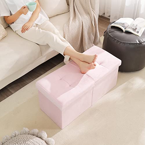 Image of Storage Ottoman Bench Foldable Footrest Foot Stool, 30 inch Velvet Pink | Small Ottoman Foot Rest Seat Shoe Bench Flip-Top forliving Room End of Bed Bedroom Couch Dorm, 80L Folding Upholstered Chair